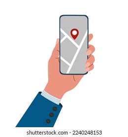 Hand holding phone with map GPS. Usage navigation mobile app. Hand drawn vector illustration isolated on white background.
