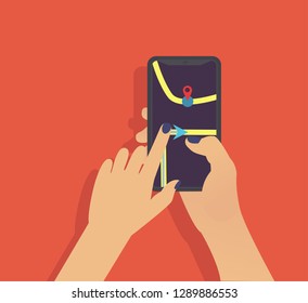 Hand holding phone with map and location. Mobile navigation concept. Flat vector cartoon illustration. GPS navigator