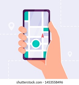 hand holding phone with map and location marker. Mobile gps navigation and tracking concept. Location track app on touch screen smartphone. Flat vector cartoon illustration for web sites, banners. 