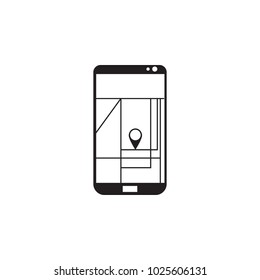 Hand holding phone with map and marker. Mobile gps navigation and tracking concept. Flat vector cartoon illustration. Location track app on touch screen smartphone on white background