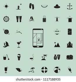 Hand holding phone with map and marker icon. Detailed set of summer pleasure icons. Premium quality graphic design sign. One of the collection icons for websites, web design on colored background