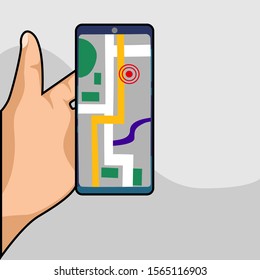 Hand holding phone with map and marker. Mobile gps navigation and tracking concept. Flat vector cartoon illustration use for web and banner design