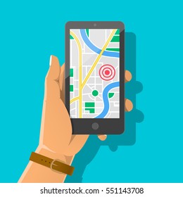 Hand Holding Phone With Map And Marker. Mobile Gps Navigation And Tracking Concept. Flat Vector Cartoon Illustration. Location Track App On Touch Screen Smartphone