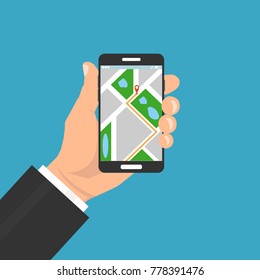 Hand Holding Phone With Map And Marker. Vector Illustration.