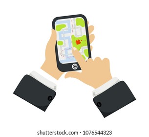 Hand holding phone with map Mobile gps navigation and tracking concept. New Flat vector cartoon illustration. Location track app on touch screen smartphone