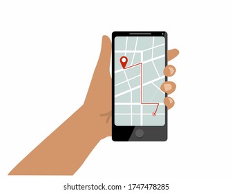 Hand holding phone with map Mobile gps navigation and tracking concept. Location track app on touch screen smartphone. Vector cartoon illustration. 