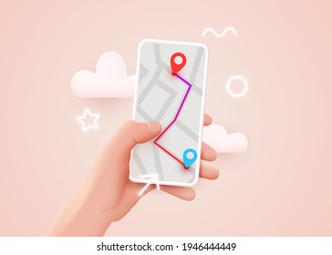 Hand holding phone with map and pointer. Mobile gps navigation and tracking concept. Background for web sites, banners. Location track app on touch screen smartphone. Vector illustration
