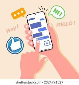 Hand holding phone and message bubble chats for smartphones, with colorful speech bubbles boxes on smartphone screen. Vector chat boxes designed for mobile messaging applications. Vector.