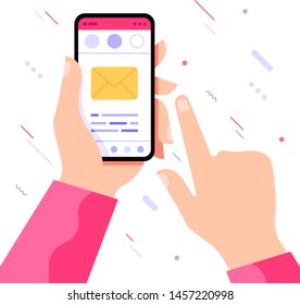 Hand holding phone with message. Communication concept on white background. Social networking concept. Vector flat cartoon illustration for web sites and banners design.