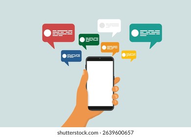 Hand holding phone with message. Concept of communication and social networking.