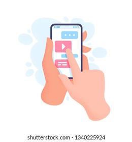 Hand holding phone with message. Finger touch screen. Sending message concept. Vector flat cartoon illustration for web sites and banners design.