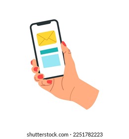 Mano sosteniendo el teléfono con la ilustración del vector del mensaje. Mano sosteniendo el teléfono con la aplicación aislada en fondo blanco. Viajar, concepto de transporte