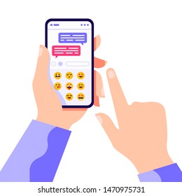 Hand holding phone with messages and chat concept. Social networking with emoji. Communication concept on white background. Vector flat cartoon illustration for web sites and banners design.