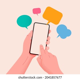 Hand holding phone with messages. Communication and social networking concept. Vector illustration for web sites and banners design