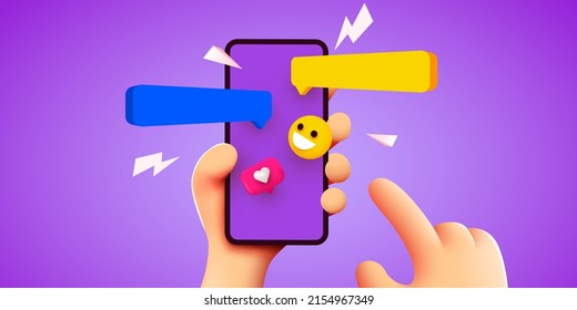 Hand holding phone with messages. Communication and social networking concept. Vector illustration for web sites and banners design