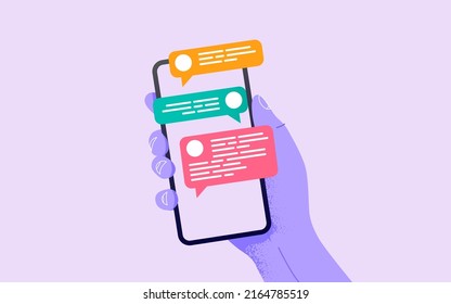 Hand holding phone with messages. Communication and social networking concept. Vector illustration for web sites and banners design