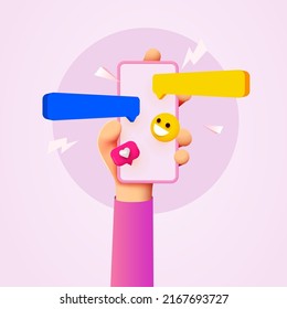 Hand holding phone with messages. Communication and social networking concept. Vector illustration for web sites and banners design
