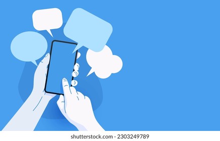 Hand holding phone with messages. Communication and social networking concept. Vector illustration for web sites and banners design. Vector illustration