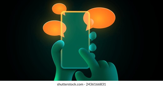 Hand holding phone with messages. Communication and social networking concept. Vector illustration for web sites and banners design