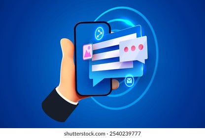 Hand holding phone with messages. Communication and social networking concept. Vector illustration for web sites and banners design