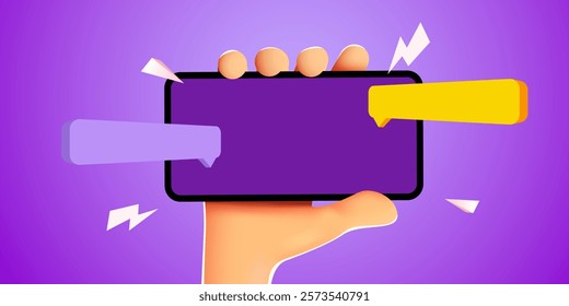 Hand holding phone with messages. Communication and social networking concept. Vector illustration for web sites and banners design
