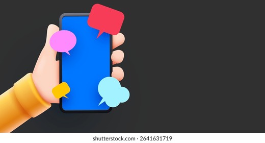 Hand holding phone with messages. Communication and social networking concept. Vector illustration for web sites and banners design