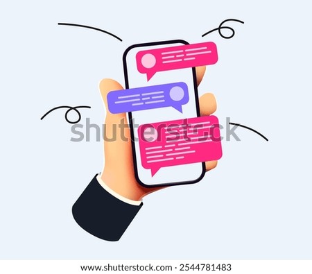 Hand holding phone with messages. Communication and social networking concept. Vector illustration for web sites and banners design