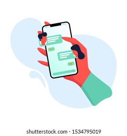 Hand holding phone with messages and group chat concept. Social networking. Communication concept on white background. Vector flat cartoon illustration for web sites and banners design.