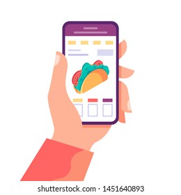 Hand holding phone with mobile app order food online website. Fast food delivery service. Concept of the fast food tacos delivery online service. Vector flat cartoon illustration.