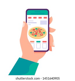 Hand holding phone with mobile app order food online website. Fast food delivery service. Concept of the fast food pizza delivery online service. Vector flat cartoon illustration.