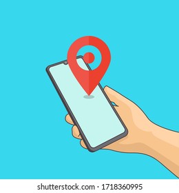 Hand holding phone. Mobile gps navigation and tracking concept. Flat vector cartoon illustration. Location track app on touch screen smartphone