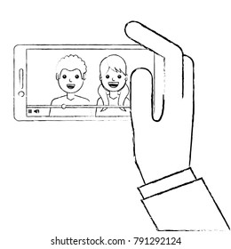 hand holding phone mobile with people video player