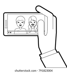 hand holding phone mobile with people video player