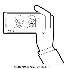 hand holding phone mobile with people video player