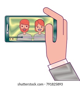 hand holding phone mobile with people video player