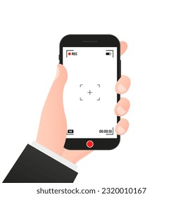 Hand, die das Telefon hält. Handy mit Plattenkamera. Sucher-Vorlage. Video-Rec-Frame mit 4K-Auflösung. Bildschirm für Videoaufnahmen. Vektorgrafik-Design. Vektorgrafik