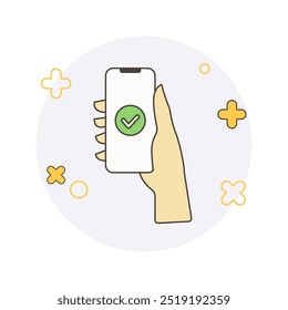Hand holding a phone. Mobile transaction concept illustration 