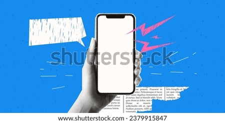 Hand holding a phone. Modern blue background with texture. Trendy retro style. Halftone collage and doodle of lightning. 
