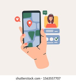 Hand holding phone with Navigation map. Call center lady. Communication, social networking concept. Stylized hand drawn vector illustration for Mobile Application or web sites and banner design