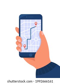 Hand holding phone with navigation map on screen. Mobile app showing location, building route flat vector illustration. GPS, destination concept