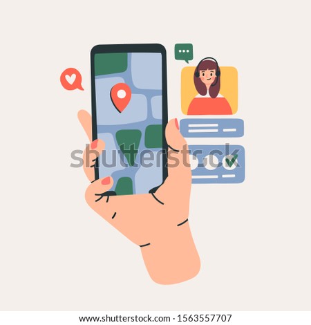 Hand holding phone with Navigation map. Call center lady. Communication, social networking concept. Stylized hand drawn vector illustration for Mobile Application or web sites and banner design