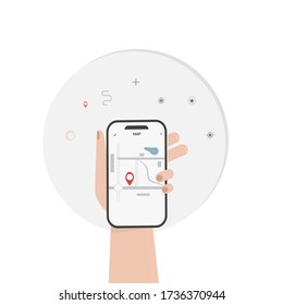 hand holding phone and navigation on a white background