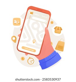 Hand holding phone with navigation screen of tracking order, Package delivery service, Vector design