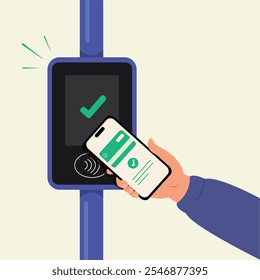 Hand, die ein Telefon in der Nähe des Terminals von der Zahlung des Transporttickets hält. Technologie für drahtlose, kontaktlose oder bargeldlose Zahlungen, RFID NFC. Fahrkarte für die öffentlichen Verkehrsmittel.