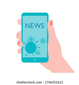 Hand holding a phone with the news. Online on the Internet. A person reads the latest events in the world. Vector illustration isolated on a white background.