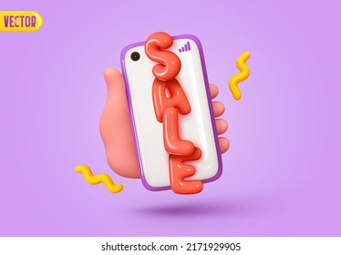 Hand holding phone on screen shows sale. Online shop social networks. Cute Hand holds modern smartphone. Creative concept idea Marketing advertising and sale. Realistic 3d design. vector illustration