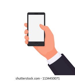 Hand holding a phone on a white background. To place your product, service or advertisement. The interaction of a person and a smartphone. Vector illustration in a flat style