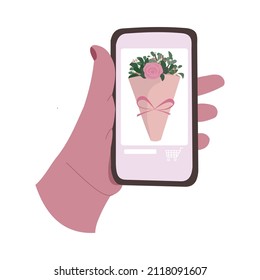 hand holding phone with online flower delivery service on screen. Beautiful bouquet on smart phone screen 