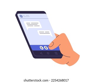 Hand holding phone with online messenger, mobile app on screen. Using smartphone application for instant messages, internet communication. Flat graphic vector illustration isolated on white background