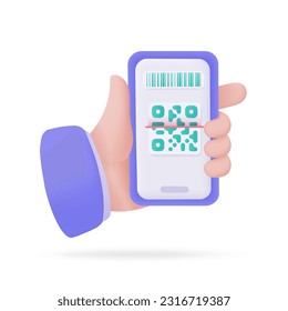Hand holding a phone. online payment by credit card cashless society Scan QR code to pay online. 3D illustration.